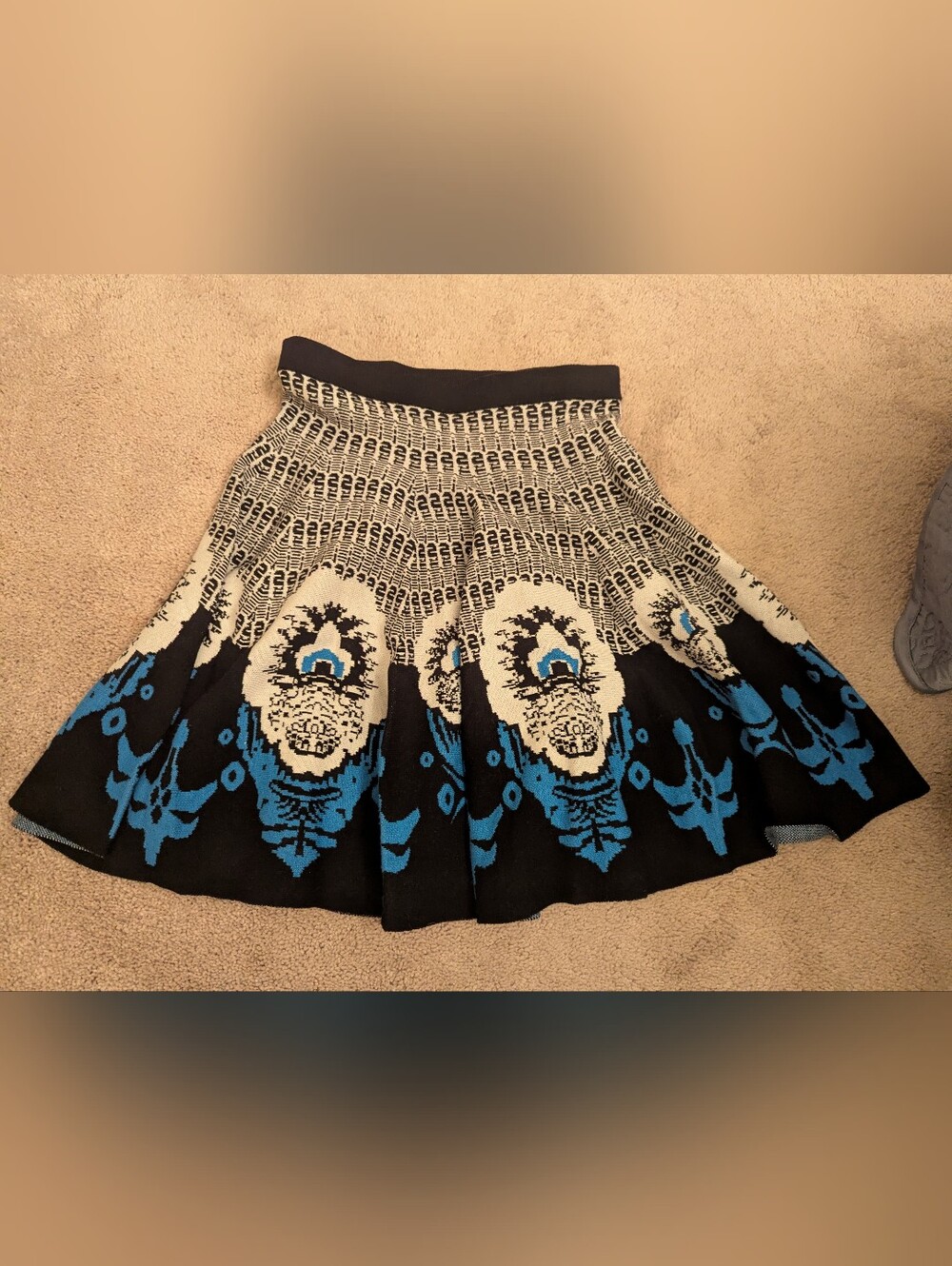 Carmen Marc Valvo Black, White & Blue Patterned Circle Skirt